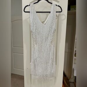 NADINE MERABI White Fringe Wedding Dress